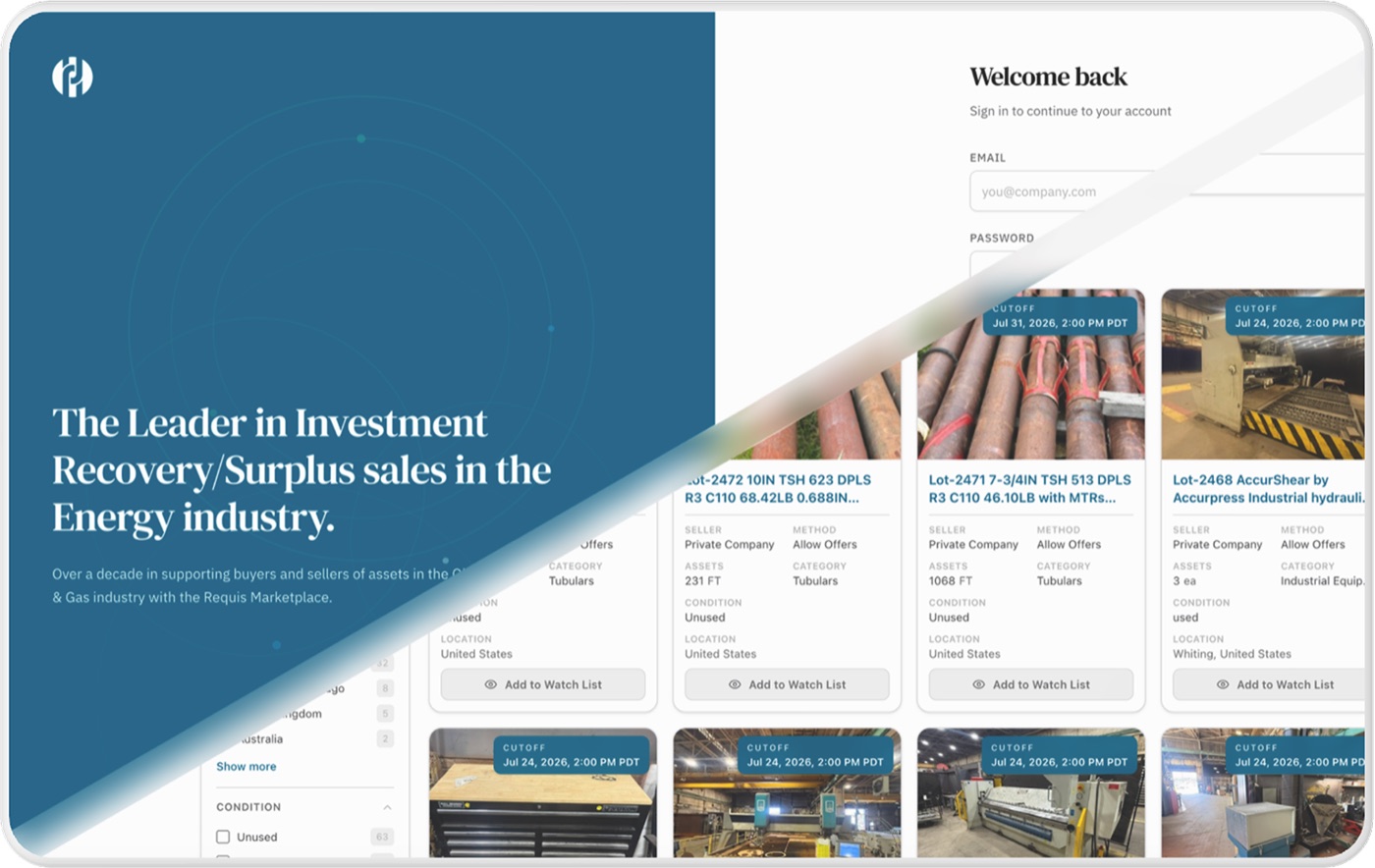 Requis sign-in screen and Marketplace Lots, shown side by side.