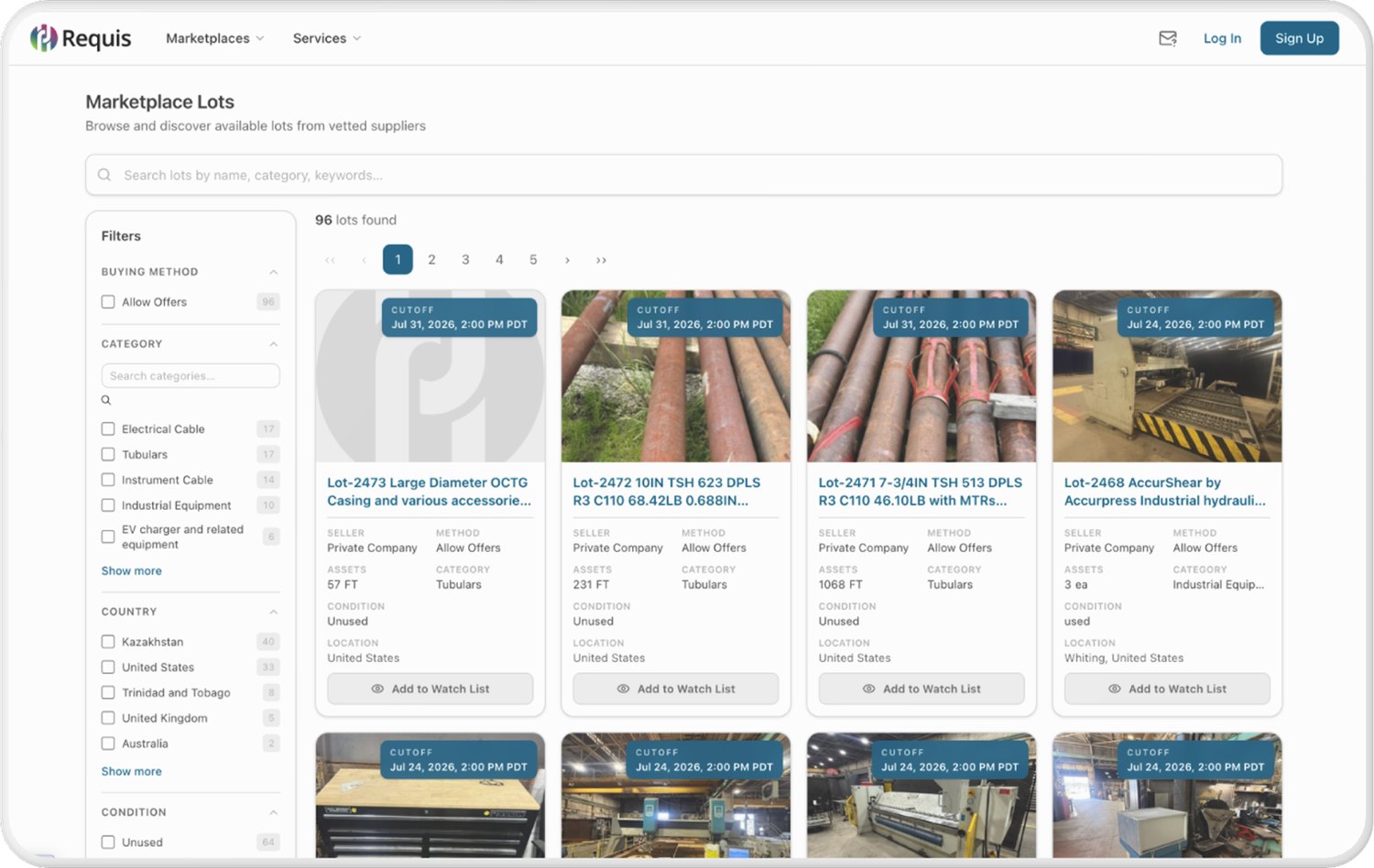 Requis Marketplace Lots: browsing industrial lots from vetted suppliers, with filters for buying method, category, and country.