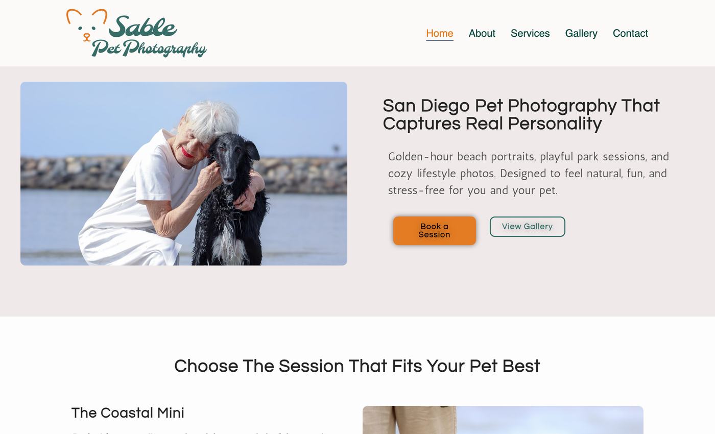 Sable Pet Photography homepage on a laptop: logo, a portrait of a woman with her dog, and the session comparison below