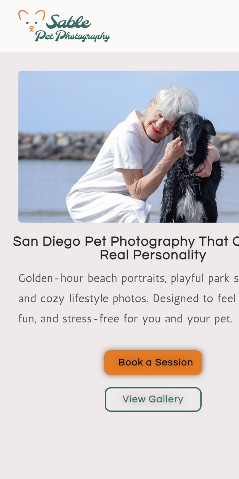 Sable Pet Photography homepage on a phone
