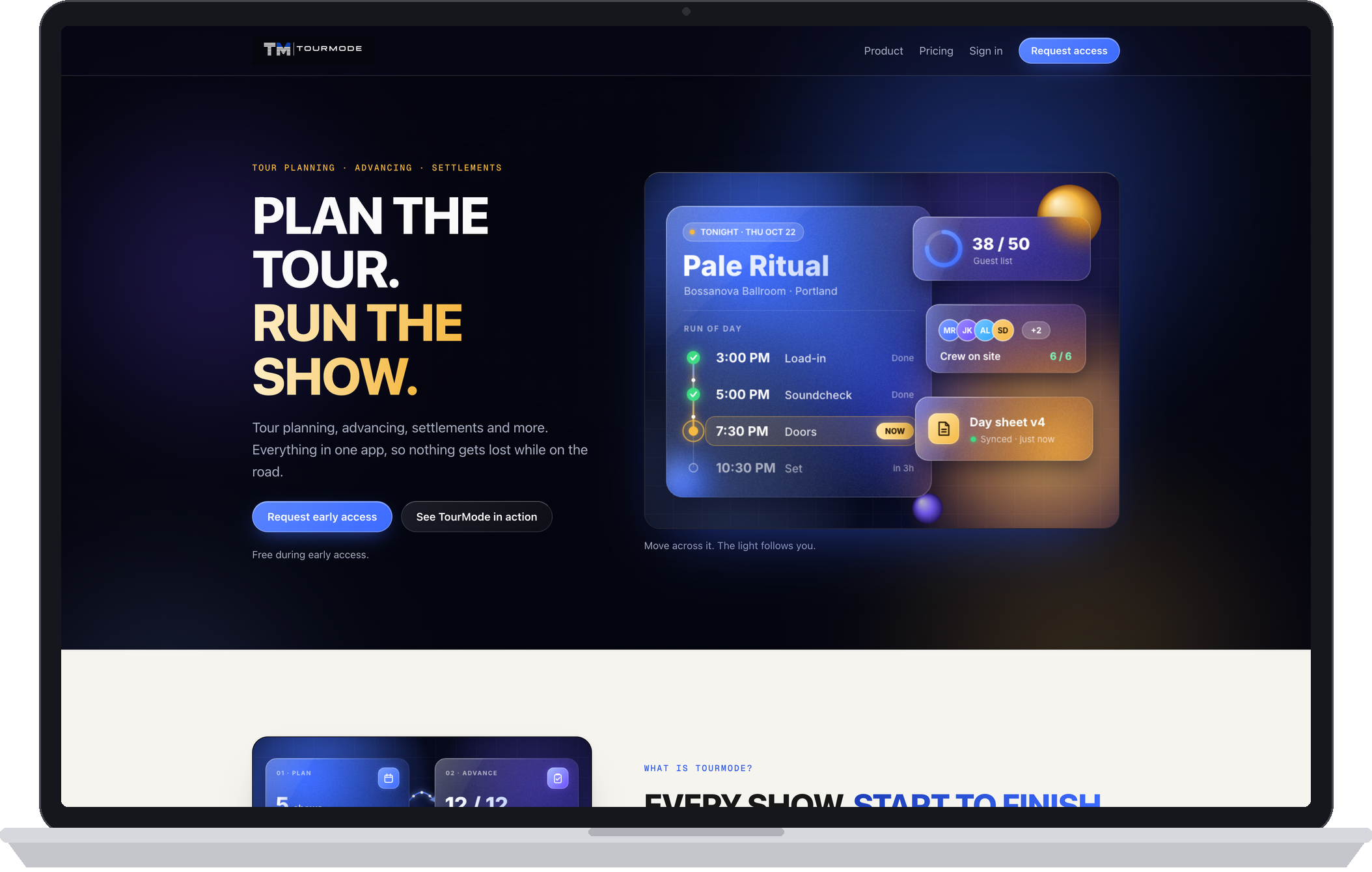 Tour management app marketing site on a laptop: Plan the Tour, Run the Show in white and gold beside a frosted-glass show-day card.