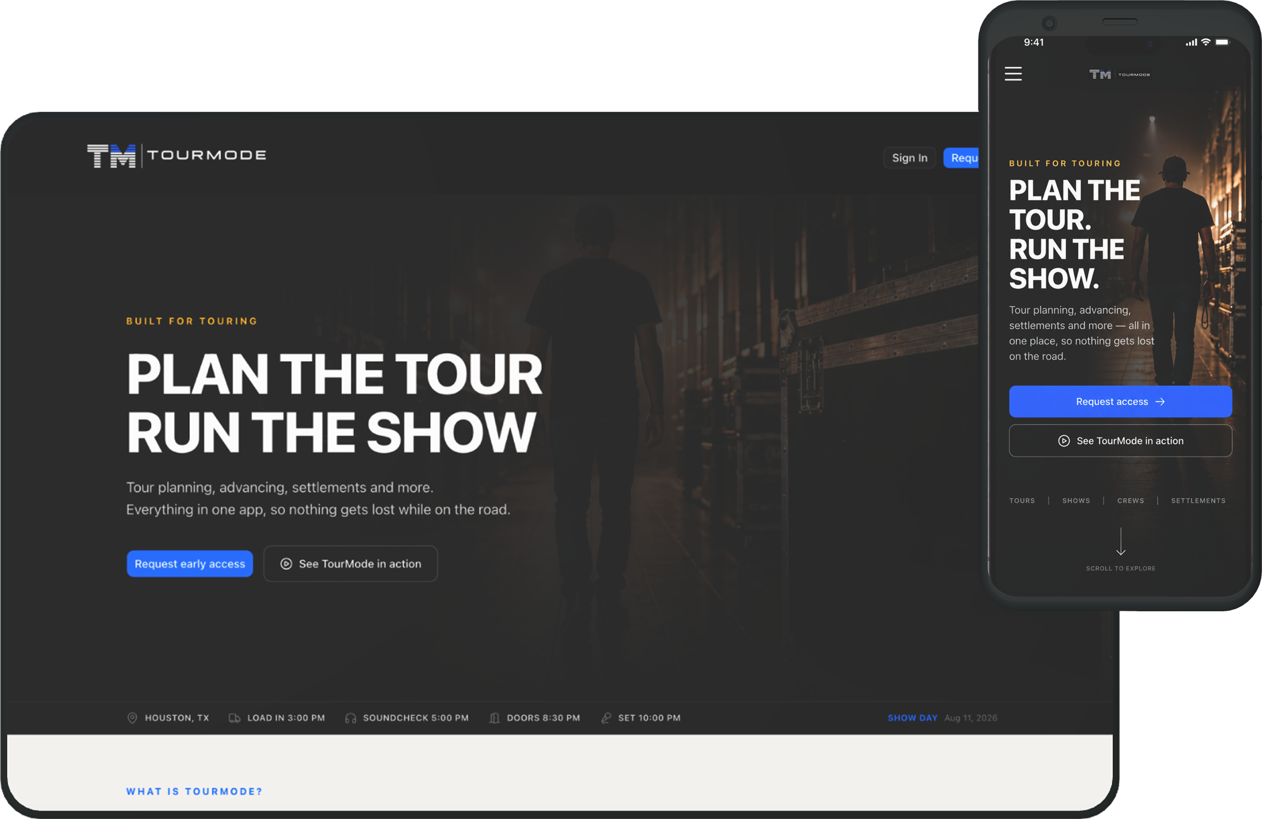 Tour management app marketing site on laptop and phone: Plan the Tour, Run the Show.